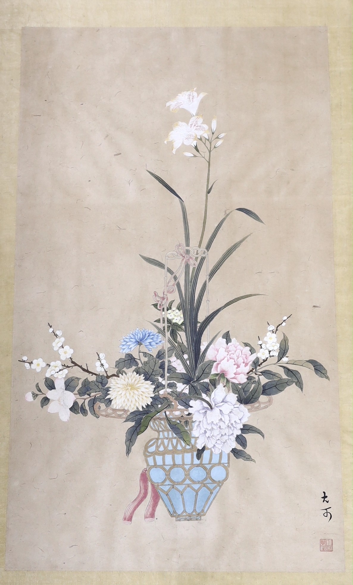 Chinese School, gouache on paper, Still life of flowers in a hanging basket, signed, 82 x 46cm